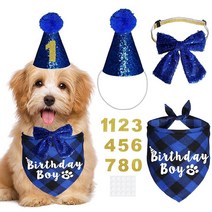 JOTFA 강아지 생일 파티 용품 개 생일 의상 격자 무늬 개 생일 소년 소녀 반다나 개 생일 번호 모자 나비 넥타이 소형 중형 대형견용 (블루 5개 세트), Blue_Set of 5