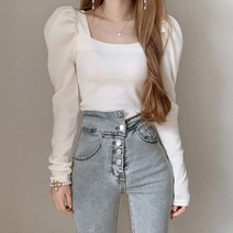 [레티고] 스퀘어 넥 퍼프 긴팔 골지 니트 블라우스