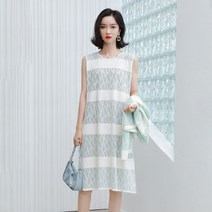 V넥 라인 배색 패턴 가디건 민소매 니트 롱 원피스 데일리 오피스 며느리룩 40대 50대