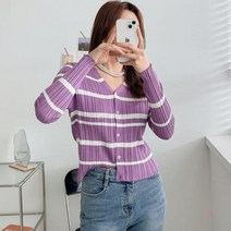 브이와이 여자 딱붙는 V넥 가을니트 단가라 가디건