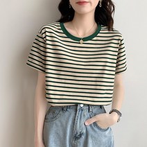 리얼 샷 실제 가격 레트로 스트라이프 반팔 티셔츠 여성용 여름 2021 새로운 대비 컬러 스티치 와일드 라운드 넥 탑