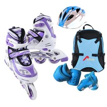 [인라인세트] 사이즈 조절형 아동용 발광바퀴 인라인 스케이트 헬멧 보호대 가방, 스마트 퍼플
