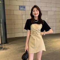 고급스러운 원피스 세트 여여름 허리 조임 기질 셔링 나시 스커트 패션 라운드 티셔츠 투피스