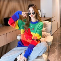 Sevalo 느슨하고 게으른 스타일의 대비 레인보우 스웨터 2023 풀오버 니트 탑
