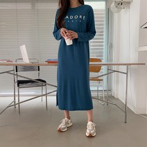 리엘라 로이팔 자도르 레터링 라운드넥 긴팔 롱 원피스