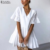 ZANZEA 여성 여름 반팔 V-넥 짧은 드레스 미니드레스 미니원피스 비치 플러스 사이즈