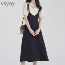 vsyoy 봄과 여름 새로운 해군 칼라 셔츠 여성 일본 대학 스타일 대비 색상 작은 신선한 나이 감소 반팔 셔츠 탑 슬립 스커트