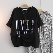 THINKING 자수 브이넥 티셔츠 빅사이즈 오버핏 반팔티 여름티 롱티