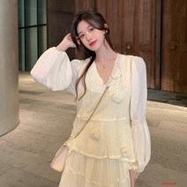 꽃 무늬 드레스 여성의 봄 드레스 주름 칼라 긴 소매 스커트