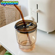 oyoson 커피 컵 콜드브루 커피잔 ins바람 갈색 대나무 빨대 컵 뚜껑이 있는 유리 동반 컵 넷 레드 밀크 티 컵, 호박색
