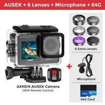 액션카메라 유튜브용카메라 바디캠 Axsen-ause 액션 카메라 4K 60FPS EIS 비디오 옵션 필터 렌즈 24MP 1080P 웹캠 Vlog WiFi 스포츠 캠 리모콘 포함, [03] Add Lens-Mic-64G, [04] Bundle 4