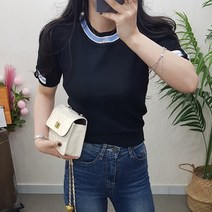 제이후 슬림 배색 라운드 예쁜 세미 크롭 소매 셔링 리본 니트 반팔 티셔츠