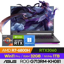 ASUS ROG STRIX G17 G713RM-KH081 고사양 배그 롤 서든 오버워치 렘브란트 17인치 게이밍 노트북 (R7-6800H/RTX3060), 윈도우 포함, 32GB, 1TB, 라이젠7, 이클립스 그레이