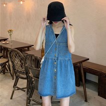 여자 여름 데님원피스 v넥 민소매 나시 원피스 미니 멜빵원피스 루즈핏 SFW0317034
