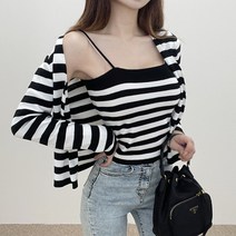 VANANA2 스트라이프 단가라 여성 슬림핏 끈나시 가디건 세트 2color