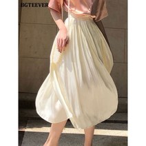 우아한 빅사이즈 여성 플리츠 스커트 봄 여름 밴딩 허리 새틴 A라인