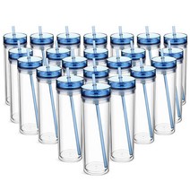 Bokon 12팩 플라스틱 텀블러 뚜껑과 빨대 포함 473.2ml(16온스) 투명 단열 여행용 텀블러 스키니 이중벽 재사용 가능한 대형 컵 물 우유 주스 아이스 커피용, Blue_12
