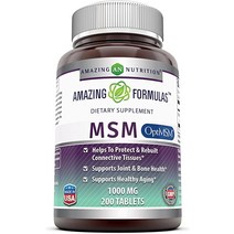 Amazing Formulas OptiMSM Tablet GMO 프리 글루텐 결합 조직 연휴 및 관절기능지원 피부 건강 1000mg 200정, [01] 1개(1팩), [02] 1500mg