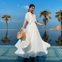 Baiwife 화이트 원 하선기 롱 초선 시폰 하늘하늘 스커트 느낌 V넥 롱스커트