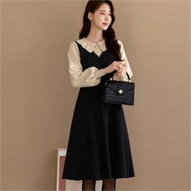 시크라인 플랫카라 진주 퍼프 소매 배색 니트 원피스