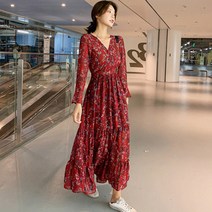 리더스타 여성원피스 오버핏 플라워 쉬폰 원피스 긴팔원피스 미디원피스 긴팔 롱원피스