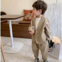돌 아기 유아 아동 키즈 남자 여자 아이 봄 가을 간절기 형제룩 둥이룩 기본 베이지색 무지 단추 카라 블레이저 자켓 면 슬랙스 팬츠 바지 생일 세미 정장 수트 상하 세트