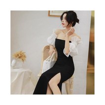 와이케이하우스 드레스 스커트 2021 봄과 여름 새로운 원 숄더 랜턴 슬리브 슬림 핏 분할 단계 블랙 1526_69564