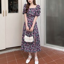 패스타임 여성 여름 여신 스퀘어넥 슬릿 플라워 꽃무늬 패턴 퍼프 볼륨 드레스 롱 원피스 데이트룩 오피스룩