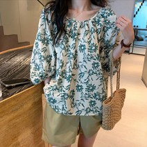 그린 에스닉 블라우스 반바지 세트 페이즐리 블라우스 고무줄 반바지 꽃무늬블라우스 휴양지룩 놀러갈때입을옷 여행갈때입을옷 여름블라우스