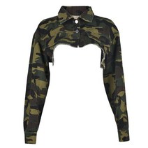 크롭청자켓 데님청자켓 크롭자켓Xiktop-Shopify 카모플라쥬 턴다운 칼라 긴 소매 스트리트 크롭트 여성용