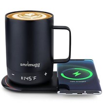 SmrtMugg 783484 SMRTMUG 가열 커피 머그컵 만들기 라지 14 OZ 5시간 배터리 수명 정밀 온도 조절 구동 머그잔 워머 듀얼 무선 충전 패드 전화 충전기 포함블랙, Black