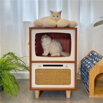 고양이숨숨집 TV 모양 레트로 감성 인테리어 은신처 수직스크래처, 45x38x70(cm) 자체 설치, 슈프림 호두 (왼쪽 열림)