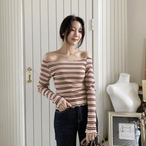 [옷자락] 여자 가을 겨울 코튼 스판 오프숄더 스트라이프 티셔츠
