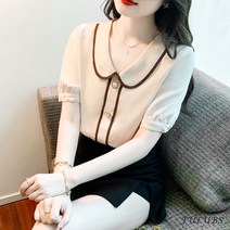 FULIBS 여성 여름 블라우스 단색 카디건 우아한 통근 옷깃 긴 싱글 브레스트 쉬폰 셔츠 반팔 서양풍 패션 셔츠