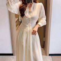 런메시 Runmecy 브이넥 슬림 쉬폰 긴팔 원피스 퍼프 소매 롱 원피스