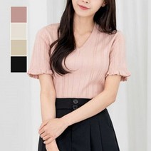브이넥 소매 프릴 포인트 러블리 여성 니트 반팔티