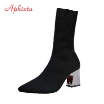 aphixta metal color 7cm square heels socks boots women big size 43 stretch fabric elastic 포인티드 토 슈즈
