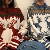 크리스마스 커플룩 패밀리룩 크리스마스 실내복겨울 여성용 특대 스웨터 스마스 카와이 여성 풀오버 느슨한 넥 캐주얼 스웨터 커플 복장 긴팔 탑