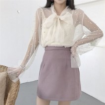 메쉬 보우 구슬 핑크 봄 거즈 화이트 블라우스 2020 여름 여성 쉬폰 셔츠 탑 오피스 Blusas 4323 50