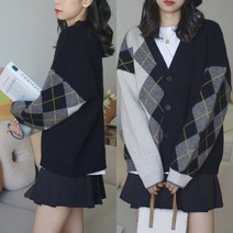 아가일 비대칭 가디건 V넥 루즈핏 단추 니트