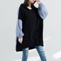 루즈핏 빅 사이즈 여성 니트 패치 스트라이프 후드 원피스