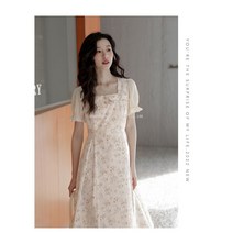 Kodak duck 여름 네모난 옷깃 슬림 쉬폰 플라워 원피스 퍼프 소매 스커트