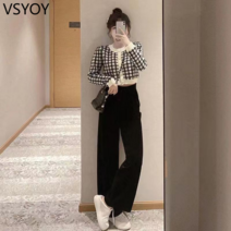 vsyoy 봄 새로운 한국 격자 무늬 짧은 니트 카디건 재킷 세트 여성의 작은 넓은 다리 바지 패션 투피스 세트