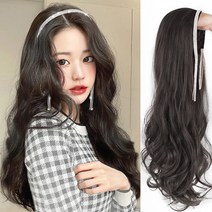 여자의 가발 긴 헤어 크리스탈 헤어 밴드 U 모양의 하프 헤드 커버 이동식 긴 스트레이트 헤어 보이지 않는 화학 섬유 하프 헤드 커버, 블랙 긴 스트레이트 헤어