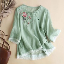 삼배옷 여성 중국식 사선플랩 상의 루즈핏 빈티지 자수 반팔 면 린넨 셔츠
