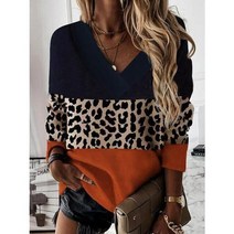 캐주얼 긴 소매 티셔츠 여성 레오파드 컬러 블록 스웨터 V 넥 풀오버 탑 플러스 사이즈 셔츠 빈티지 하라주쿠 블라우스