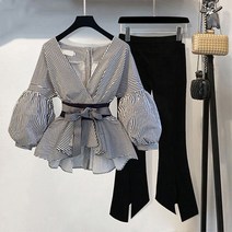 FANSYLI 여성 봄과 가을 빅사이즈 슬림핏 셔츠 바지 투피스 W2T6C