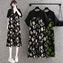 여름 통통mm 패션 패치워크 투피스 여 루즈핏 허리 여 슬림 원피스