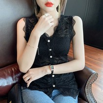 여성 레이스나시 타이트핏 브이넥 민소매 블라우스