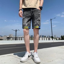 puildaug 캐주얼 레트로 홀 데님 반바지 남성용 느슨한 조커 바지 여름 바지